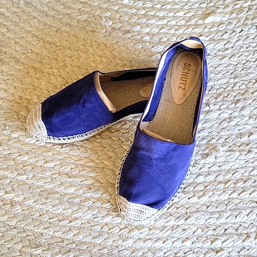 LIKE NEW Schutz Sachi Navy‎ Suede Espadrille Women Size 8 Coastal Tomato Girl